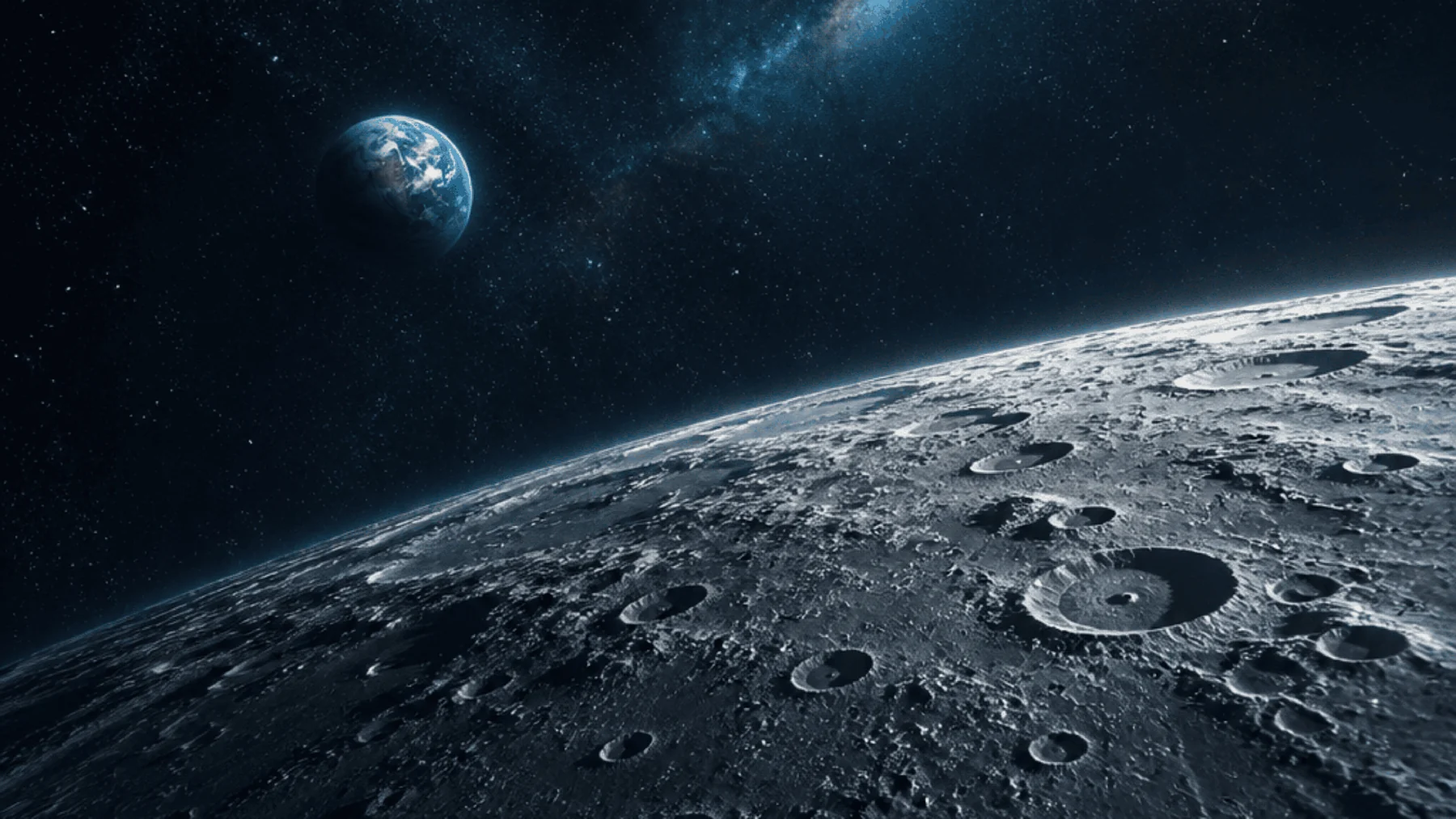 The lunar surface from orbit, with Earth above the horizon